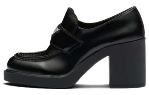PRADA Chocolate High Heeled 85mm Loafers Black Brushed Leather Women's