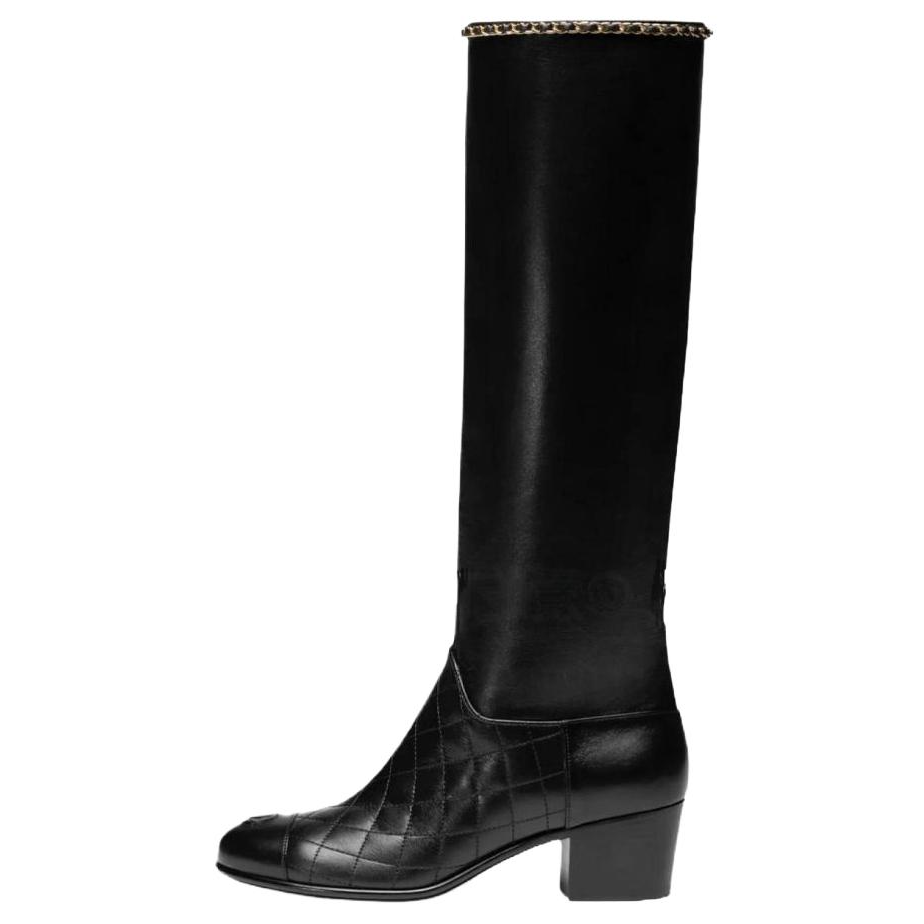 CHANEL 25B Calfskin Knee high Boots Women's Black