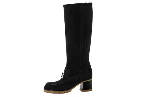 HERMES Folie 60 Suede Knee high Boots Women's Black