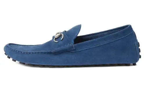 GUCCI Horsebit Suede Comfortable Round Toe Gommino Loafers Men's Blue