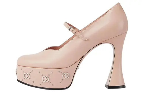 GUCCI Leather Chunky Heel High Heels 11.5cm Women's Pink
