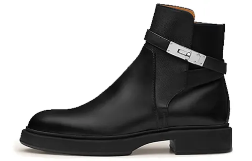 HERMES Veo Leather Minimalist Style Ankle Boots Men's Black