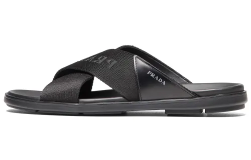 PRADA Nylon Tape Crisscross Slides Black Leather Men's