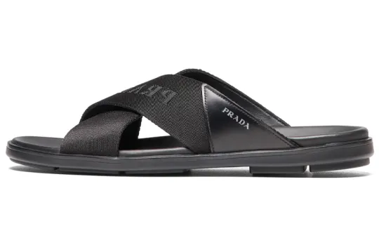 PRADA Nylon Tape Crisscross Slides Black Leather Men's