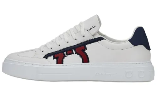 FERRAGAMO Gancini Low top Stylish Skateboarding Shoes Men's White Blue
