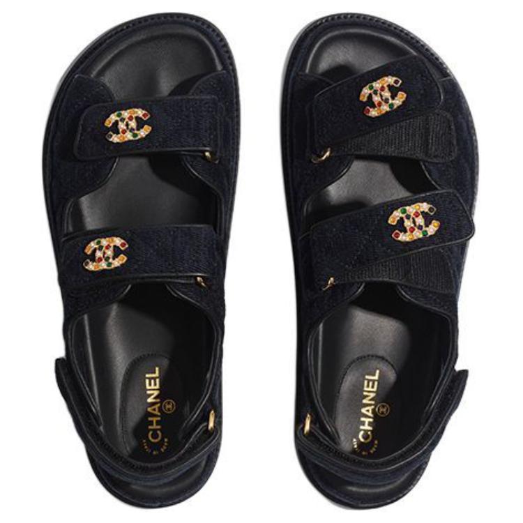 CHANEL Leather Velvet Beach Sandals Women's Marine Blue