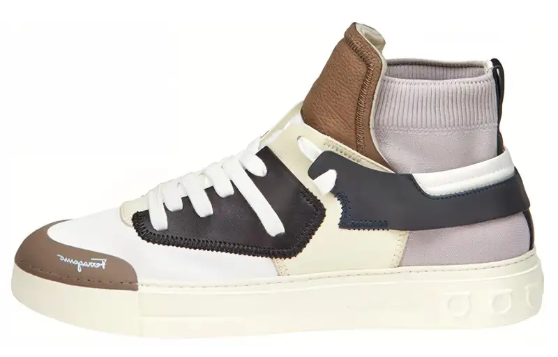 FERRAGAMO multi-color lambskin socks lined with lace-up casual and versatile mid-top fashion sneakers men's black and white