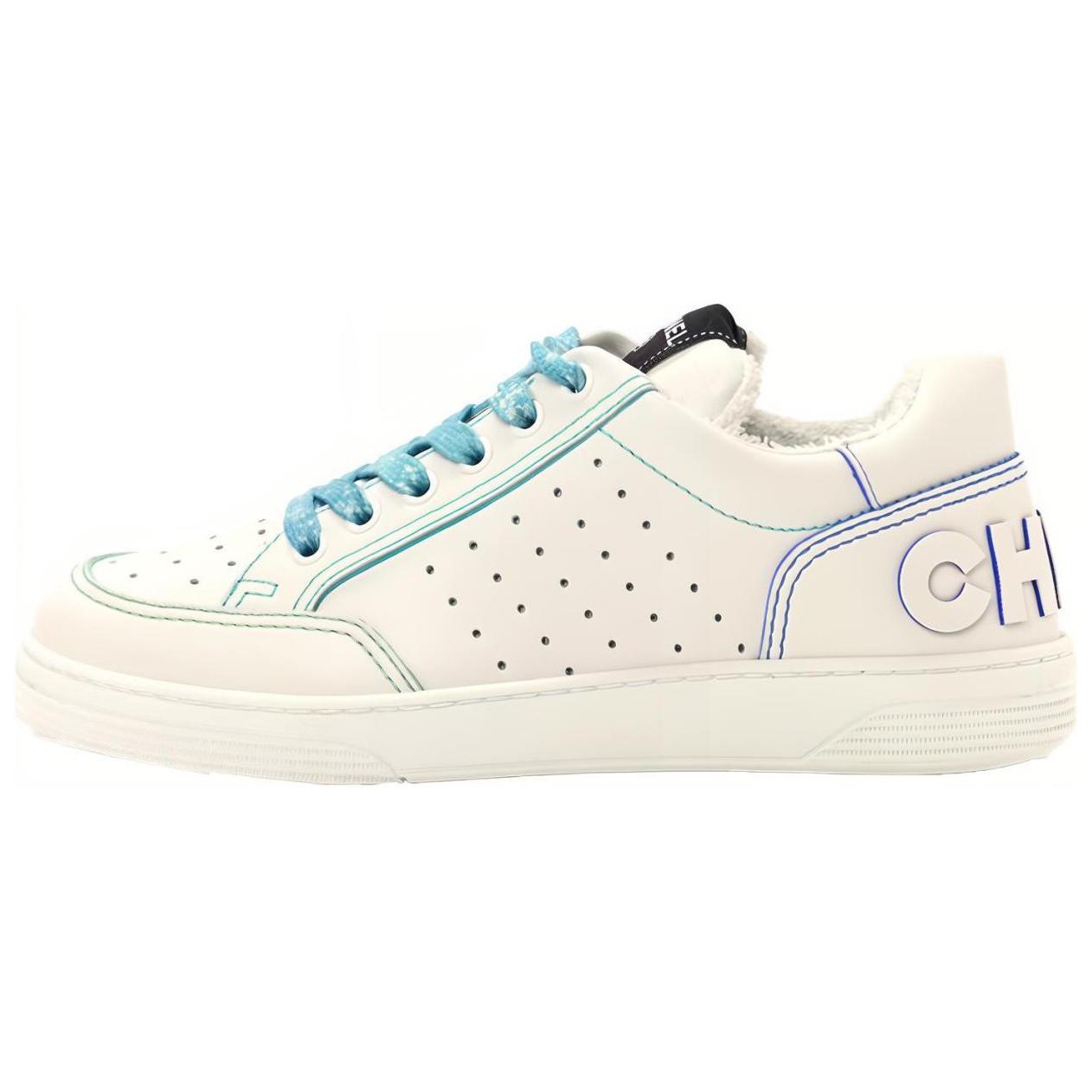CHANEL Low Top Cow Leather Stylish Skateboarding Shoes Women's White Blue