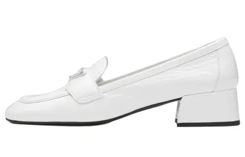 PRADA Leather Block Heel Mary Jane Shoes Women's White