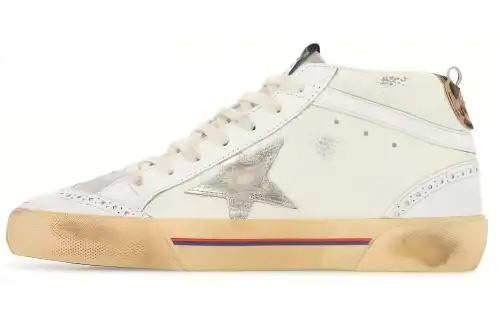 Golden Goose Mid Star Leather Lace Up Stylish Skateboarding Shoes Women's White Distressed