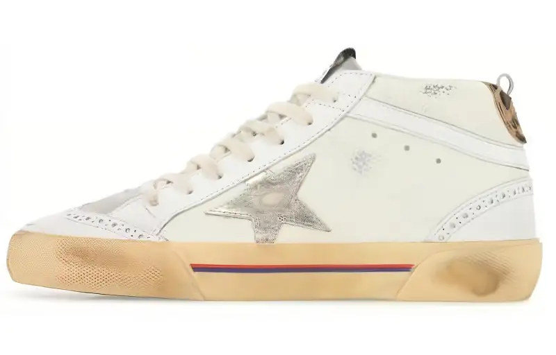 Golden Goose Mid Star Leather Lace Up Stylish Skateboarding Shoes Women's White Distressed