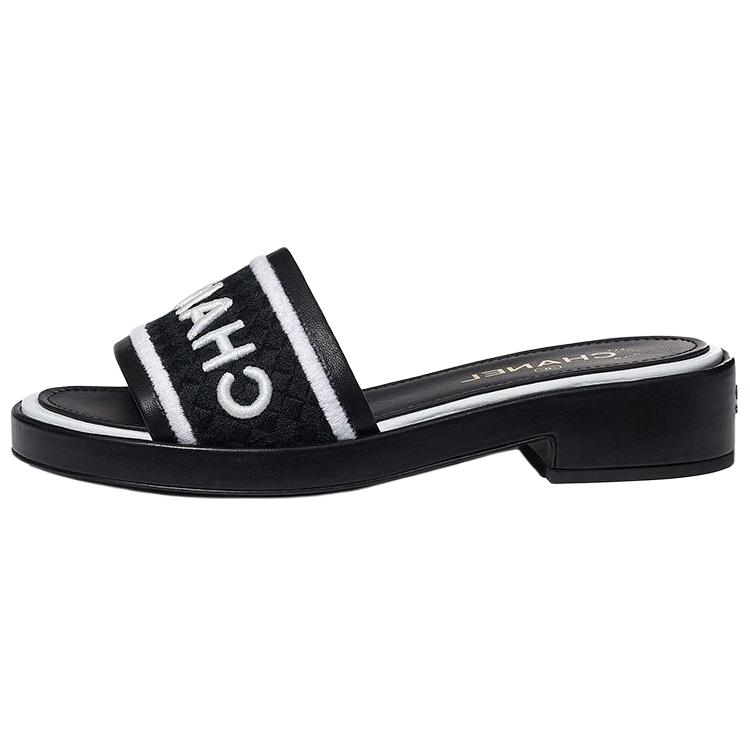 CHANEL Embroidery Slide Slippers Women's Black White
