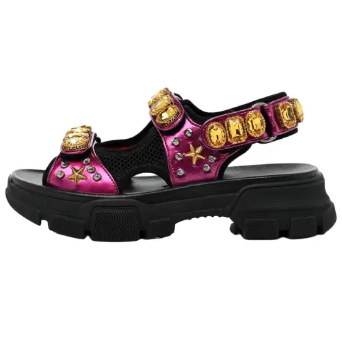 GUCCI Aguru Leather One Strap Sandals Women's Black Pink