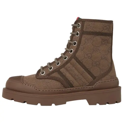 GUCCI Web Canvas Short Combat Boots 1.5cm Women's Brown