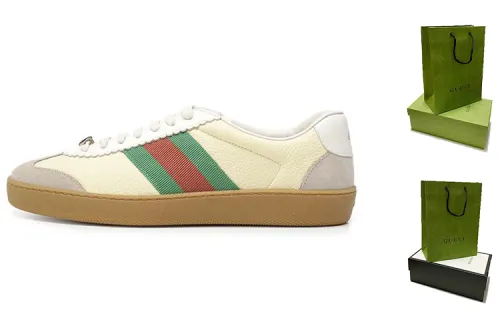 GUCCI G74 Web Leather Stylish Skateboarding Shoes Men's Yellow Green Red Shopping Bag