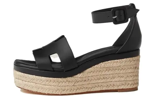 HERMES Elda Leather One Strap Sandals 8cm Women's Black