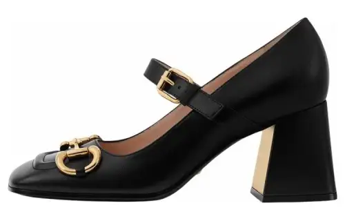 GUCCI Horsebit Leather Block Heel Mary Jane Shoes Women's Black