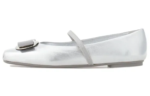 FERRAGAMO Vara leather laminated nappa leather ribbed elastic bow comfortable flat heel casual shoes 0.5cm women's silver