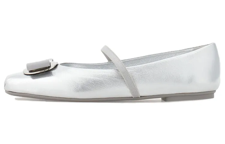 FERRAGAMO Vara leather laminated nappa leather ribbed elastic bow comfortable flat heel casual shoes 0.5cm women's silver