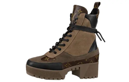 LOUIS VUITTON Laureate Top Grain Cow Leather Short Combat Boots Women's Brown Gray