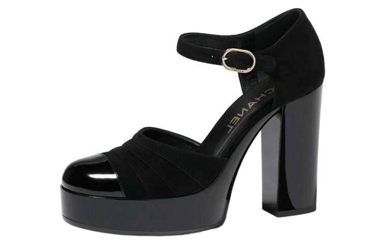 CHANEL Leather Chunky Heel High Heels 11cm Women's Black