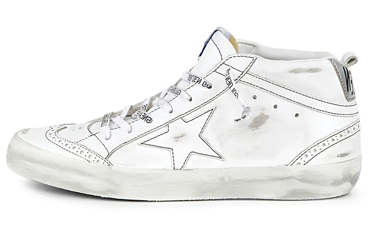 Golden Goose Mid Star Leather Mid top Stylish Skateboarding Shoes Men's White Distressed