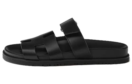 HERMES Chypre Sandal Noir Calfskin Leather Women's