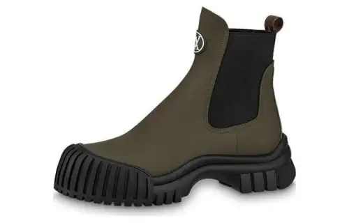 LOUIS VUITTON Ruby Top Grain Cow Leather Crew Chelsea Boots Women's Khaki Green