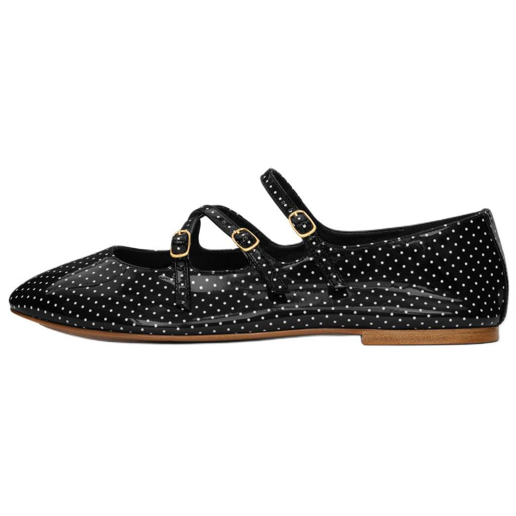 CELINE Cow Leather Flat Mary Jane Shoes Women's Black