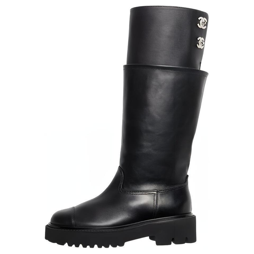 CHANEL Leather Logo Knee high Boots Women's Black