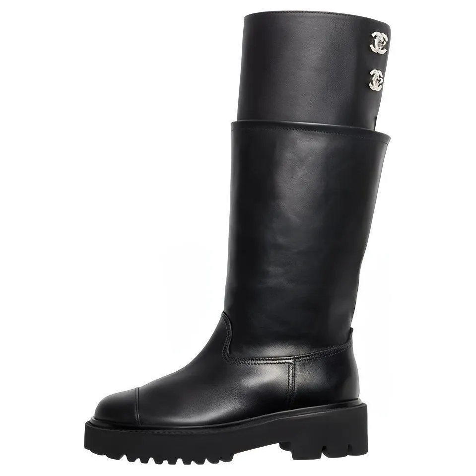 CHANEL Leather Logo Knee high Boots Women's Black