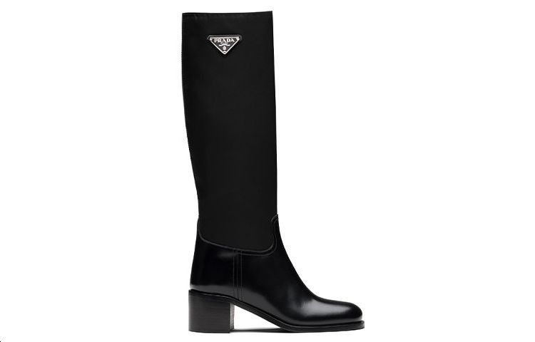 PRADA Black Brushed Leather And Re nylon Knee Boots 'Black' Women's