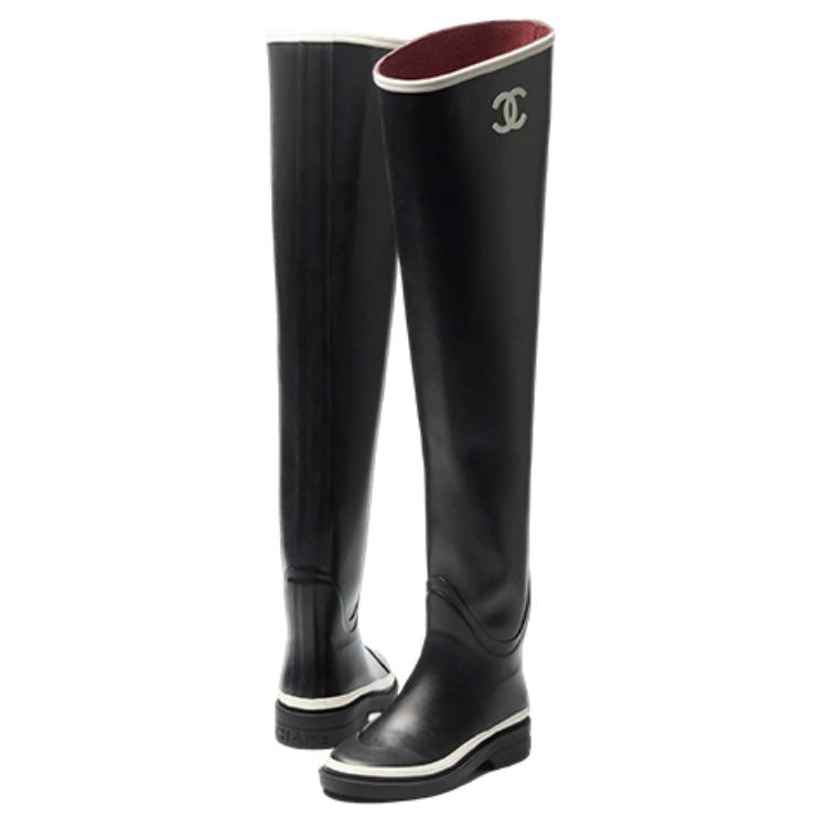 CHANEL Thigh High Rubber Rain Boots Black Women's