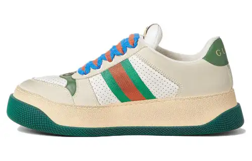 GUCCI Screener Jigglypuff, Distressed Shoes Leather Low top Stylish Skateboarding Shoes Women's Beige White Green