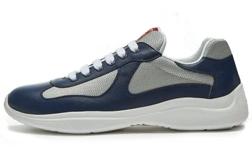 PRADA Mesh, Cow Leather Lace Up Cushioning Low top Sports Casual Shoes Men's Dark Blue