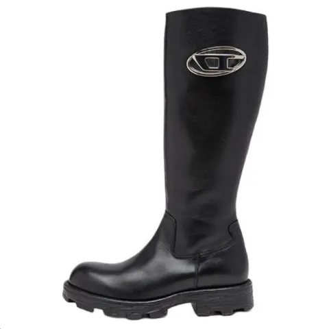 DIESEL OVAL D Cow Leather Knee high Boots Women's Black
