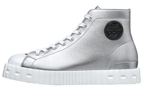 HERMES Cow Leather High top Stylish Skateboarding Shoes Women's Silver