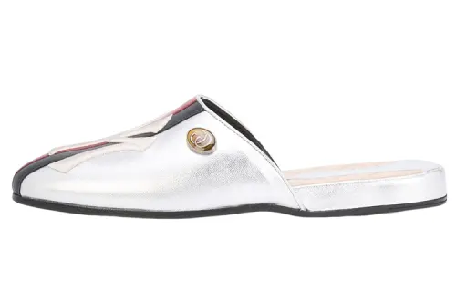 GUCCI Ny Yankee Slippers Silver Leather Women's