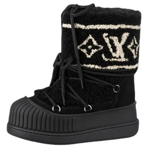 LOUIS VUITTON Polar Sheepskin Short Mid Calf Snow Boots Women's Black