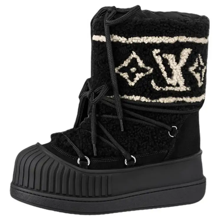 LOUIS VUITTON Polar Sheepskin Short Mid Calf Snow Boots Women's Black