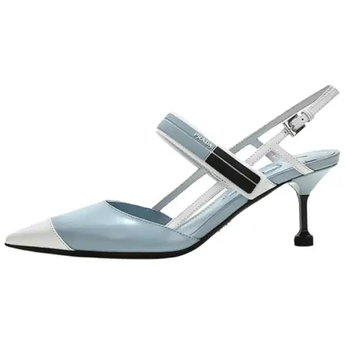 PRADA Leather Slim Heel High Heels 6.5cm Women's Blue White