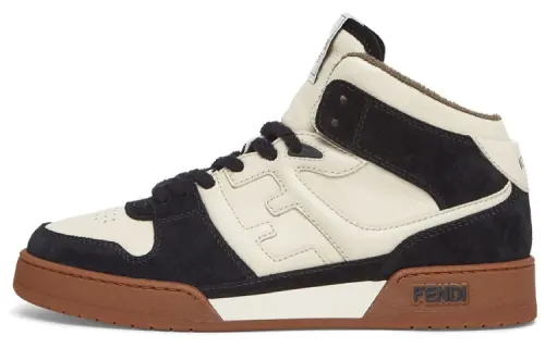 FENDI Leather Lace Up Mid top Stylish Skateboarding Shoes Men's White Black