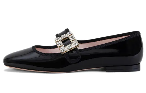 Roger Vivier Patent Leather Rhinestone Buckle Flat Shoes Women's Black