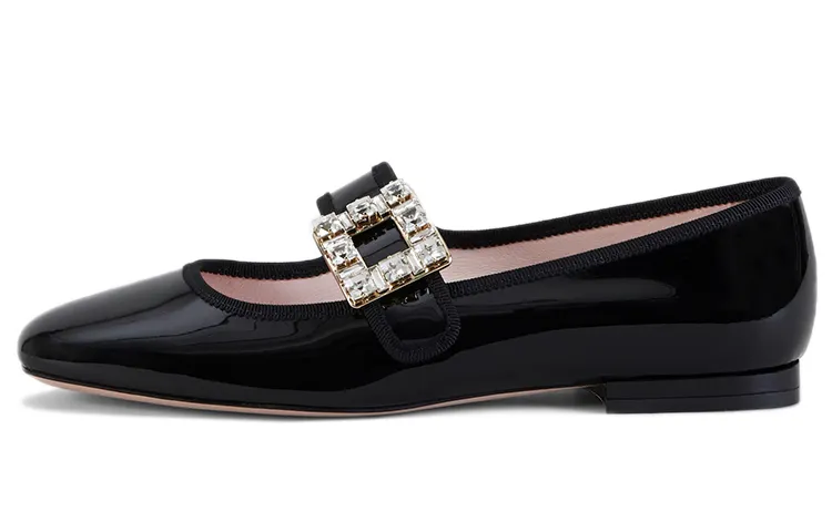Roger Vivier Patent Leather Rhinestone Buckle Flat Shoes Women's Black