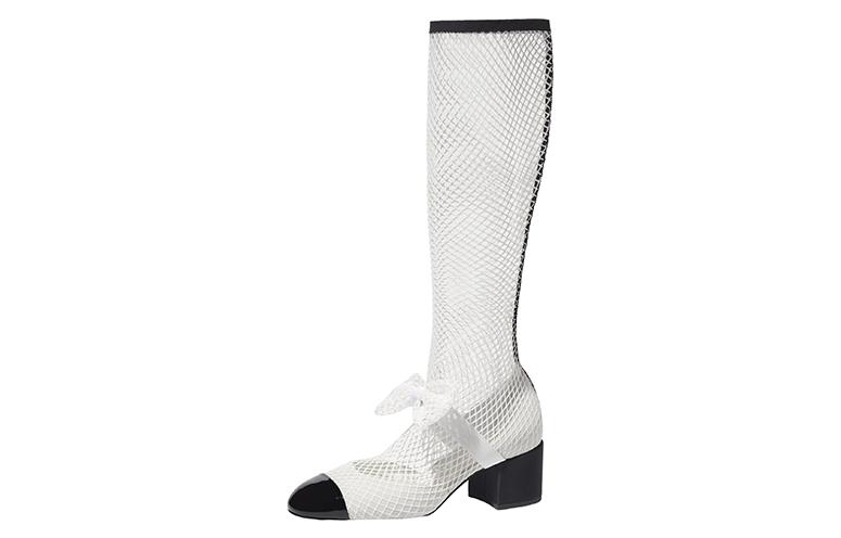 CHANEL Resille 55mm Knee High Mary Janes White Black Patent Calfskin Women's