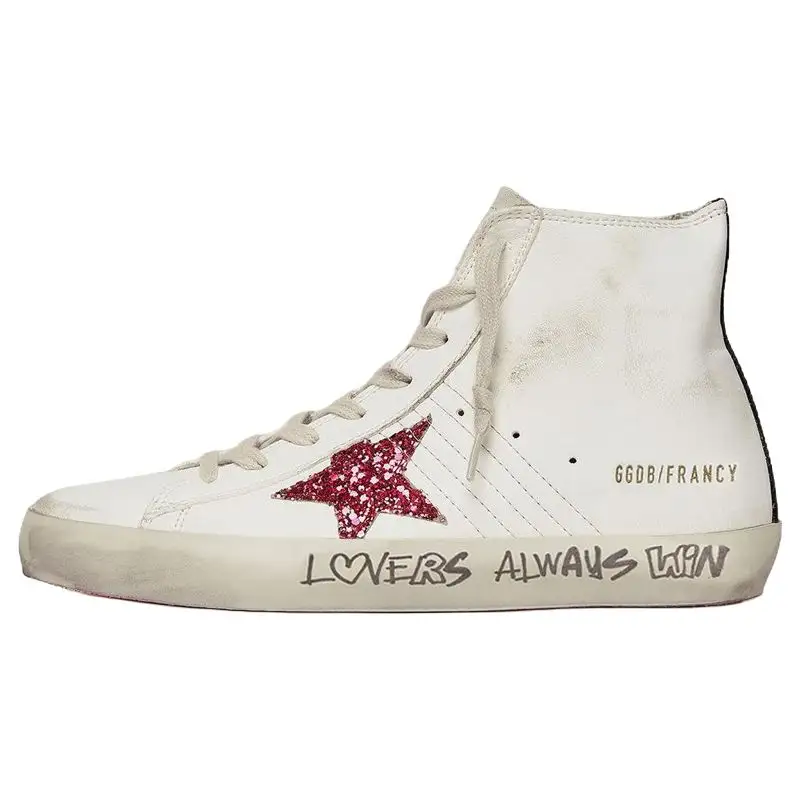 Golden Goose Francy Leather Abrasion Resistant High top Skateboard Shoes Women's White Distressed