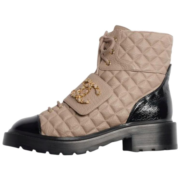 CHANEL Leather Lace Up Fashion Ankle Boots Women's Dark Beige