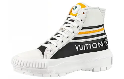 LOUIS VUITTON Squad Leather Ankle Length Stylish Skateboarding Shoes Women's Black White Yellow
