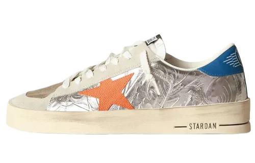 Golden Goose Stardan Leather Stylish Skateboarding Shoes Men's White Silver Distressed