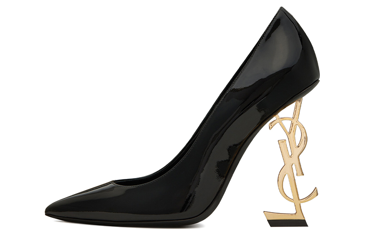 SAINT LAURENT Opyum Cow Leather Irregular Heel High Heels 11cm Women's Black Gold